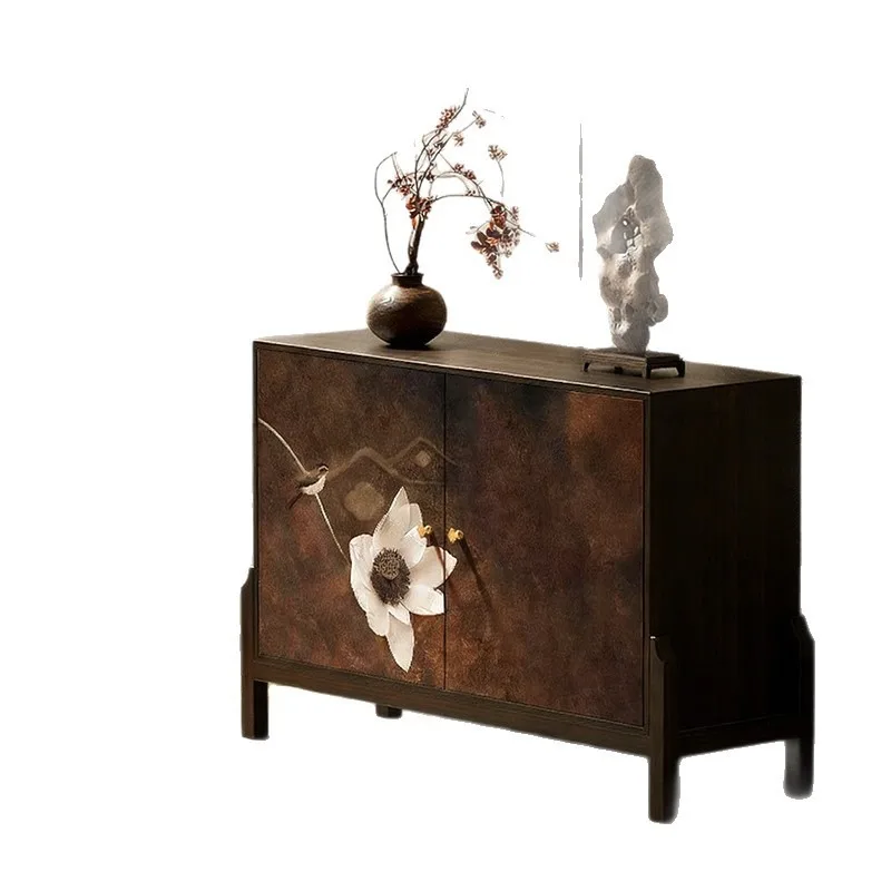 Solid Wood Tall Drawer Chest, Oriental Style Wabi Sabi Floral Bird Print Sideboard for Hallway Living Room Storage
