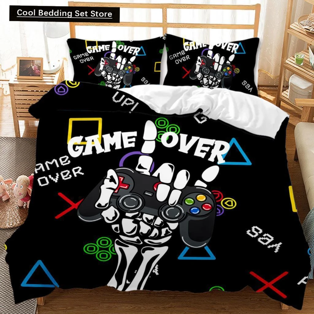 Gaming Duvet Cover Set Sugar Skull Gamer Bedding Spider Web Halloween Polyester Duvet Cover Kids Juvenile Hand Skeleton Gamepad