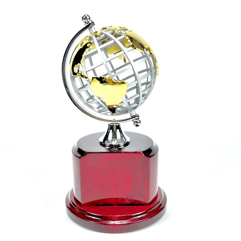 Piano Finished Pure Gold Ball Mahogany Base Trophy World Globe Metal Trophy and Metal Ball