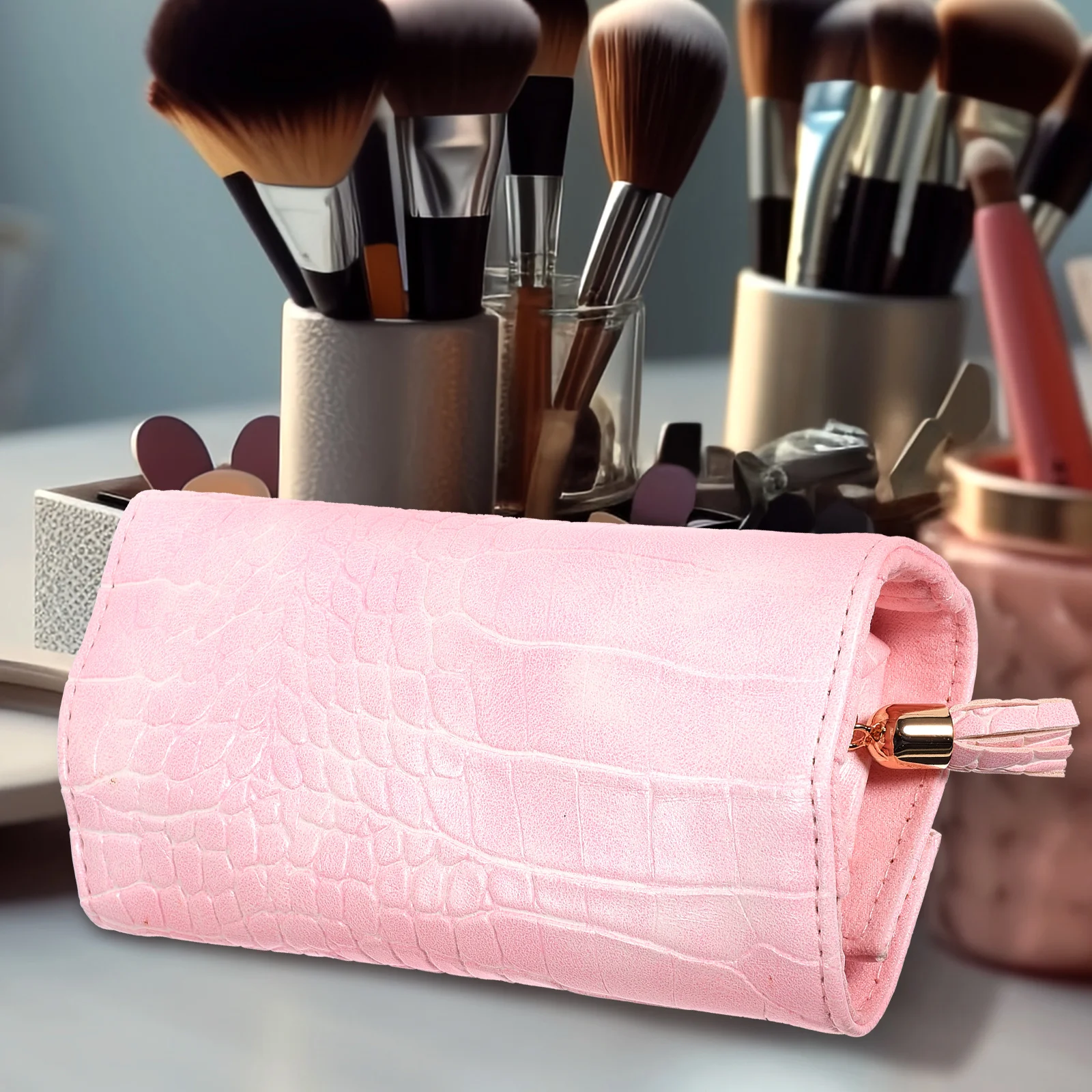 

Pink Pu Storage Roll Bag Travel Bracelets Bag Small Portable Travel Organizer Jewelry Roll Multi-function Pouch Foldable