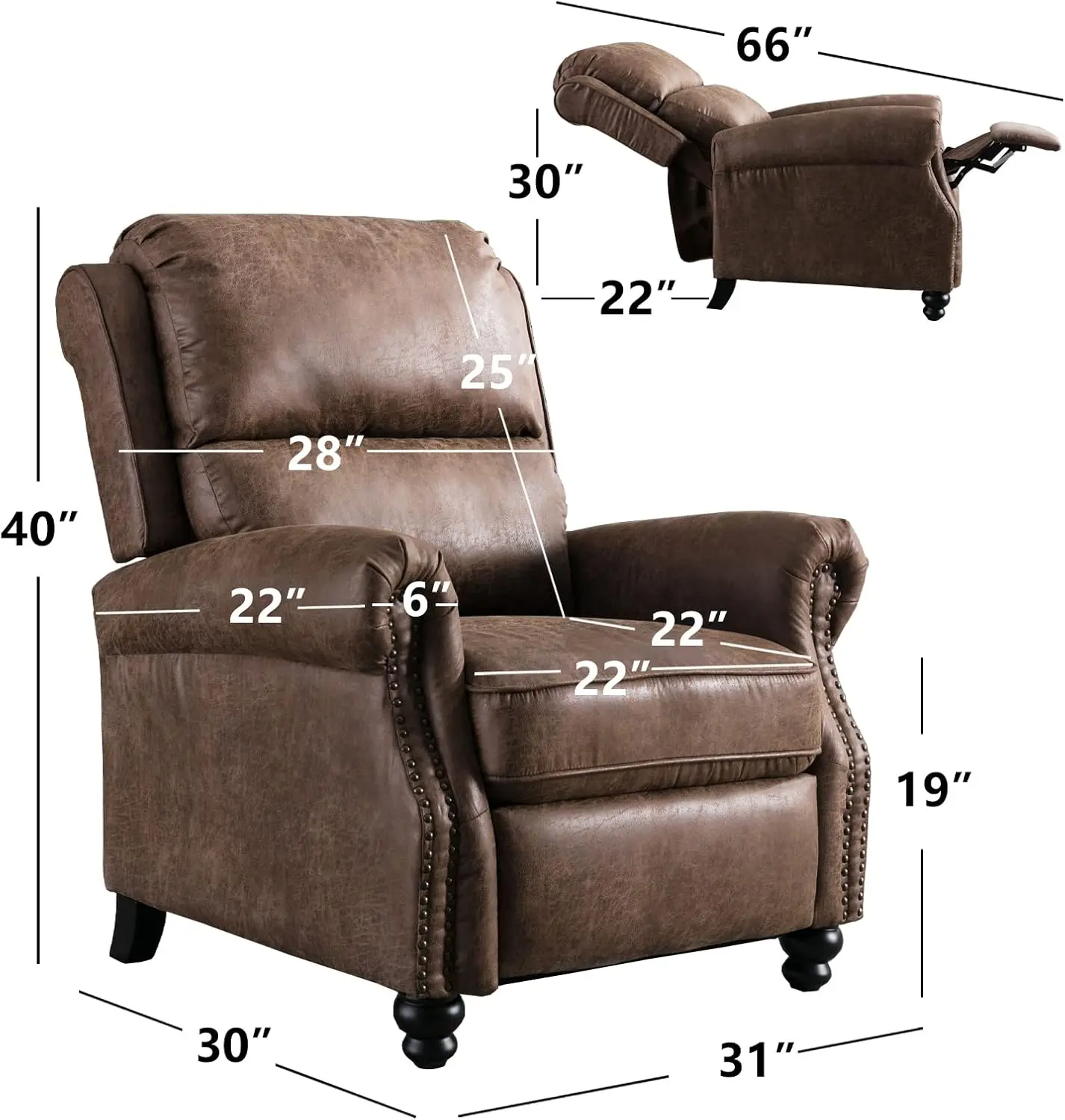 Pushback Recliner Chair Faux Leather Armchair Push Back Recliner with Rivet Decoration Single Sofa Accent Chair for Livin