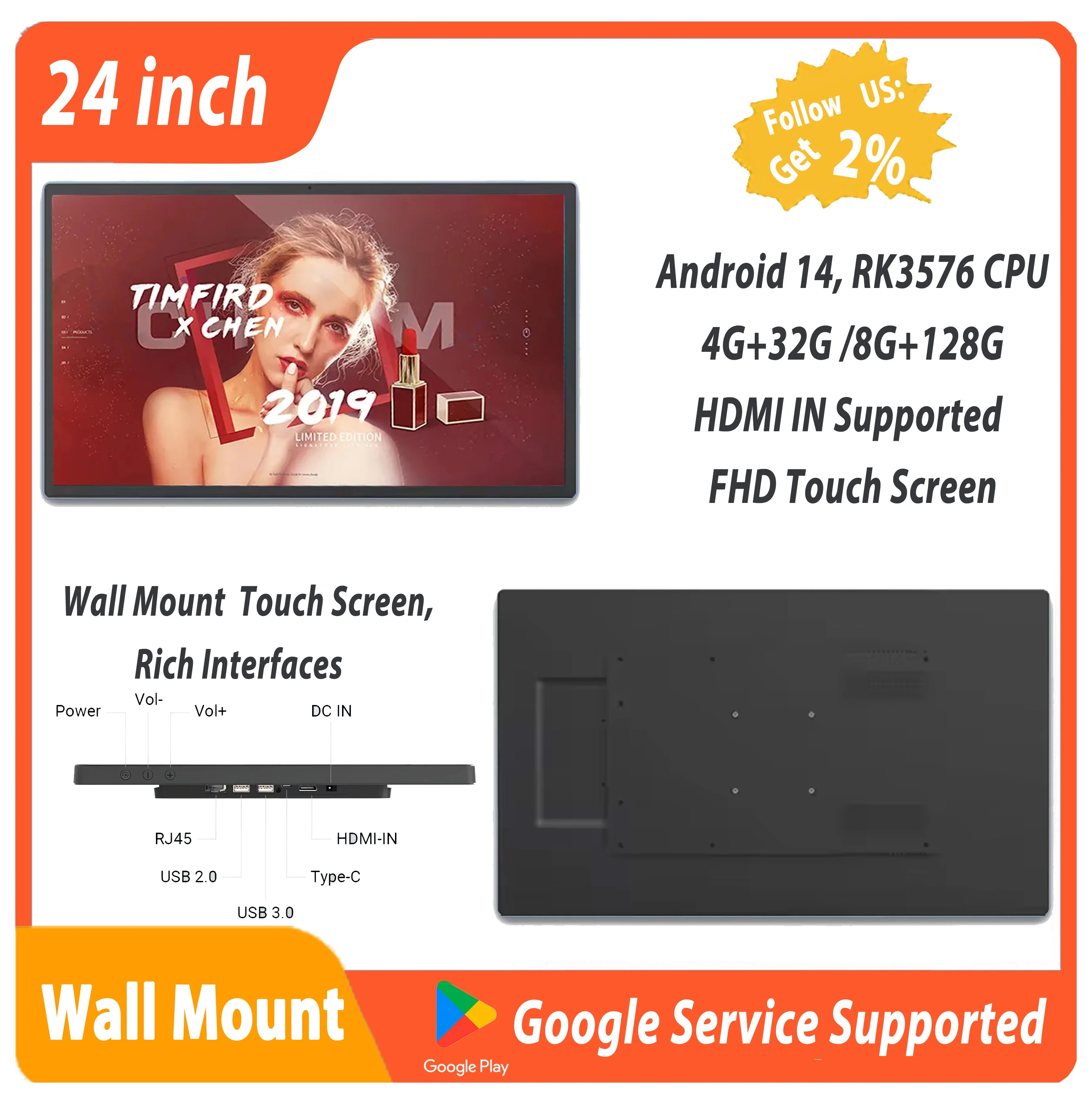 

24-дюймовый планшет Slim Edge Android 14 POE, настенный сенсорный экран, 1920*1080, вход IPS HDMI, Wi-Fi6, рекламное устройство для камеры 8 МП