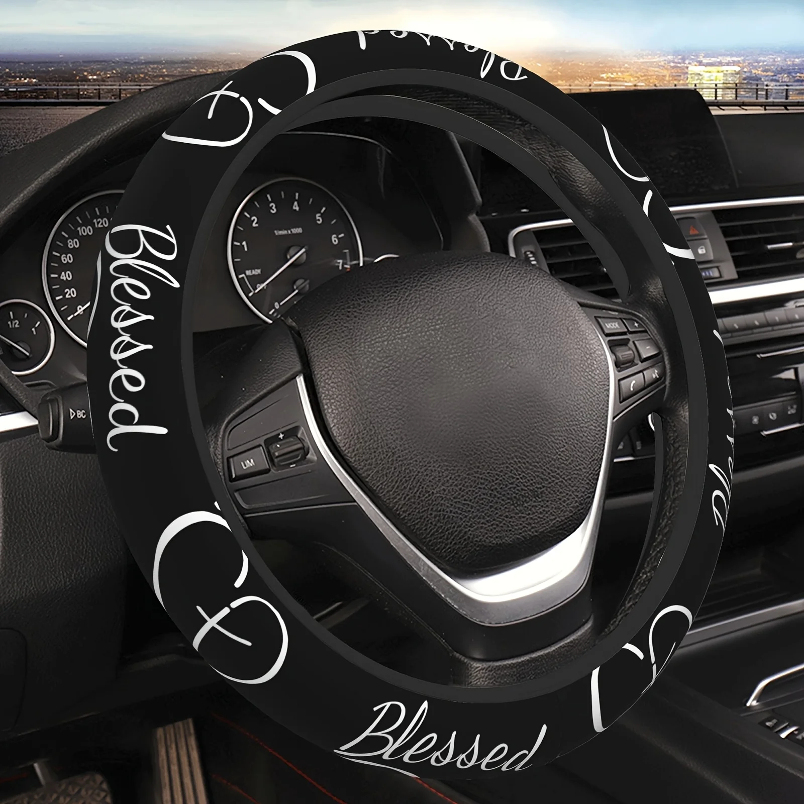 Blessed Heart Pattern Neoprene Steering Wheel Cover 15 Inch Non-Slip Grip Fits Most Sedans and SUVs Vehicle Interior Accessory