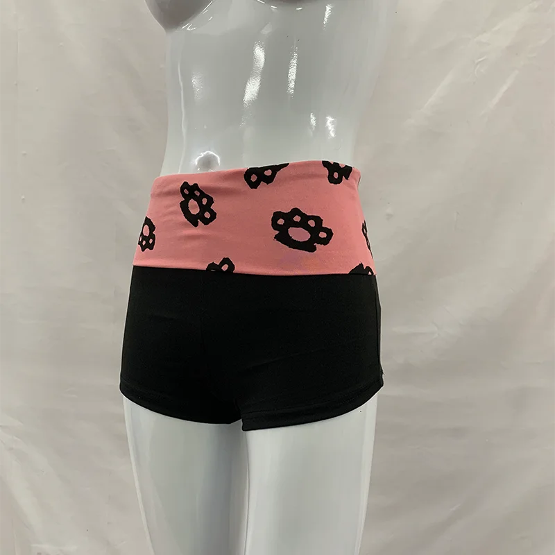 Sommer Damen Niedliche Street-Lounge Rosa Pfoten-Print Faltbarer Bund Hochelastische Enge Yoga Hot Shorts – Detail 3