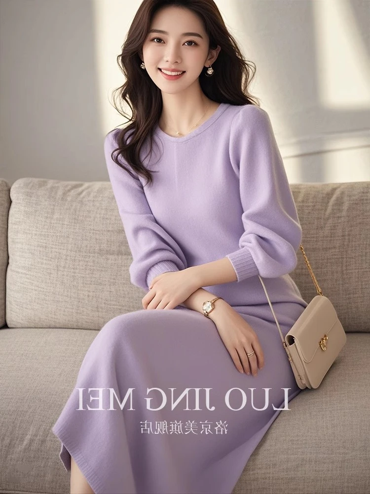 

Мягкое трикотажное платье Soft Wind P фиолетового цвета для женщин: повседневное, универсальное, стройнящее, зимнее, новое, в корейском стиле, прямоугольного кроя, для офиса и на каждый день.