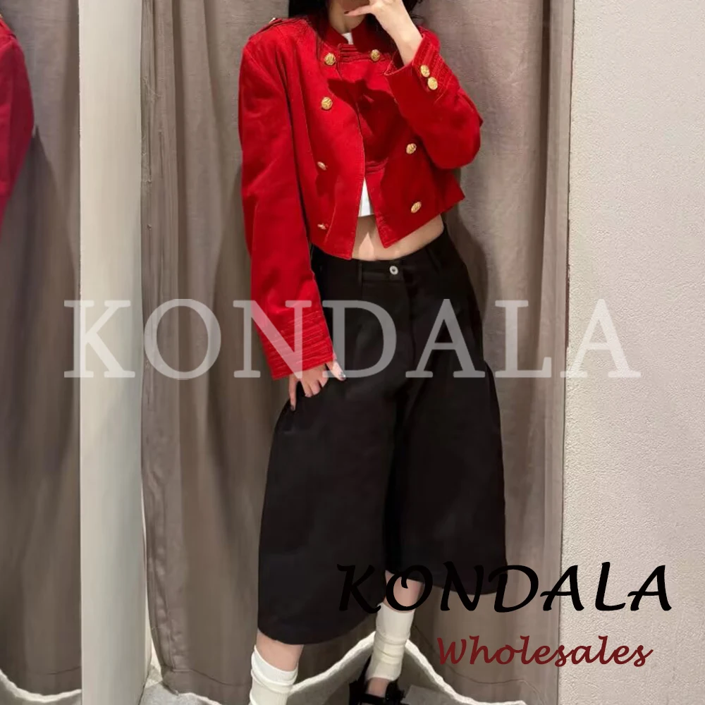 KONDALA Vintage Streetwear Solid Spring Women Jacket Red Fashion 2026 Double Breasted High Street Chic Female Short Outwears