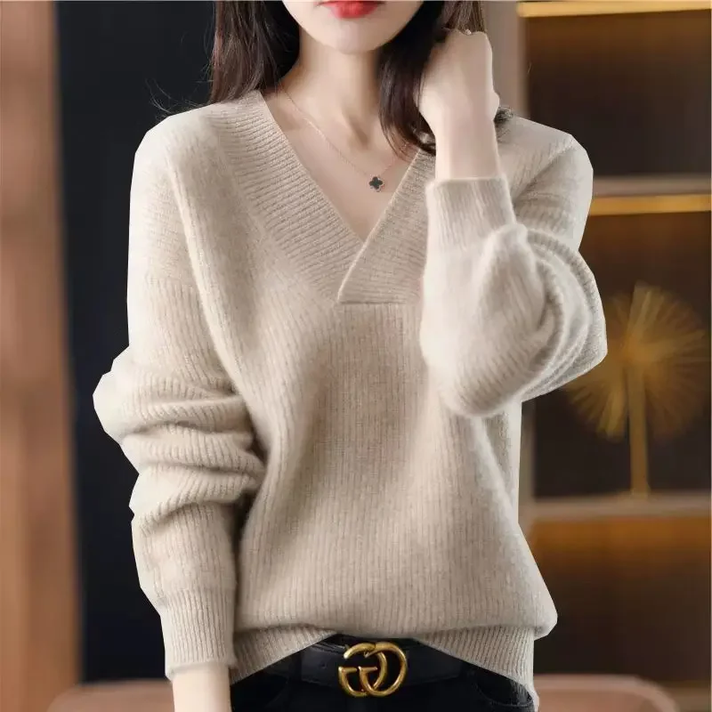 2023 Autumn Winter New Simplicity Simplicity V-neck Knitting Pullovers Women\'s Casual Loose Thick Long Sleeve Sweater Ladies