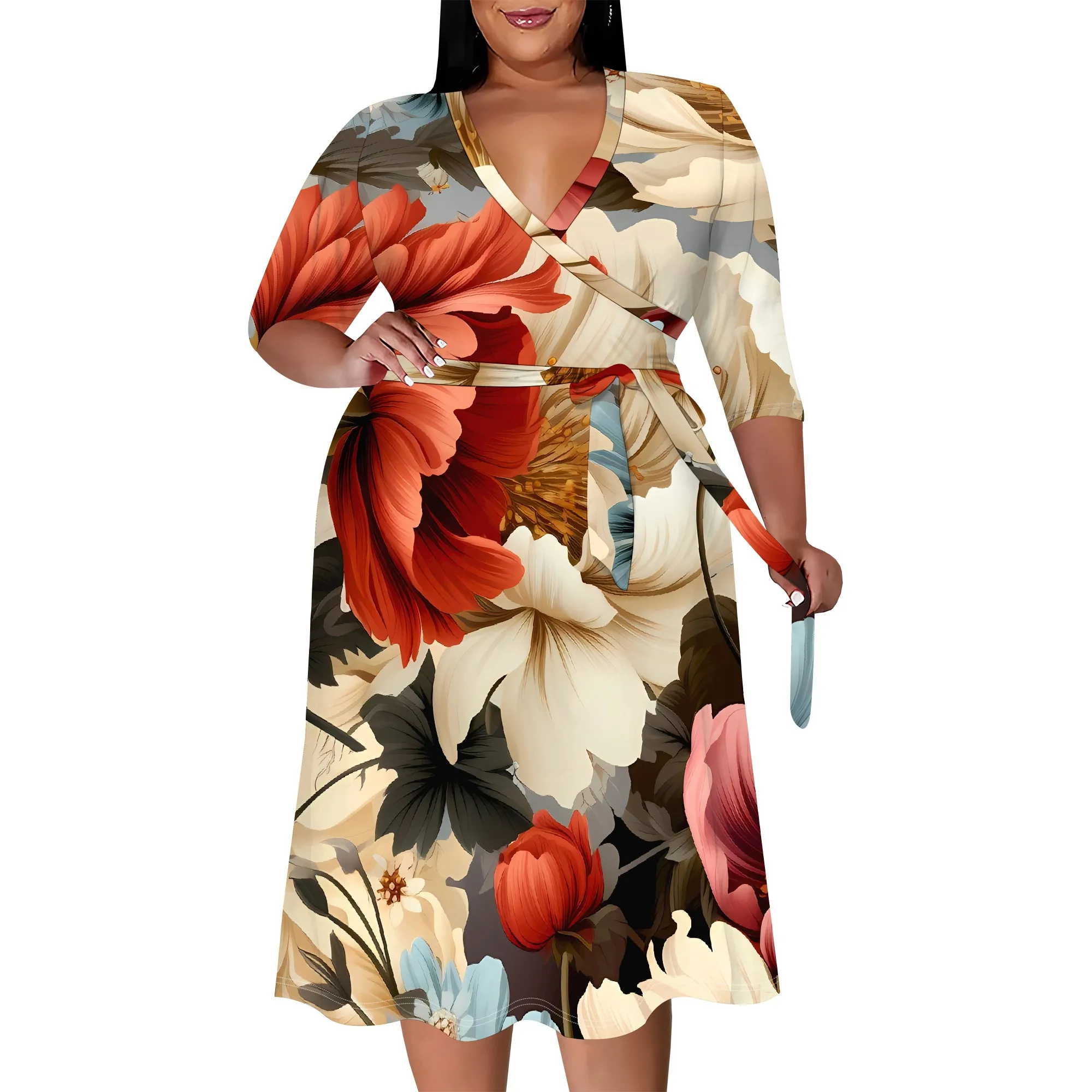 Plus Size Peony Flower Print Wrap Dress for Women V Neck Belted Midi Dress for Party Vacation