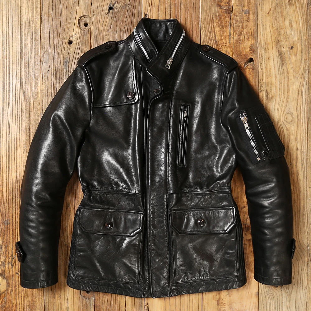 

American casual washed vegetable tanned top layer cowhide slimming version M65 jacket medium length hunting men's leather jacket