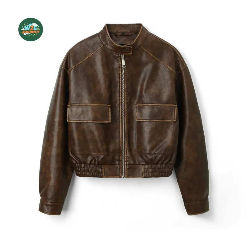 W2EJOURNEY EU US Size Luxury Quality Women PU Leather Jacket Stand Collar Vintage Distressed Full Zipper PU Leather Coat Jacket