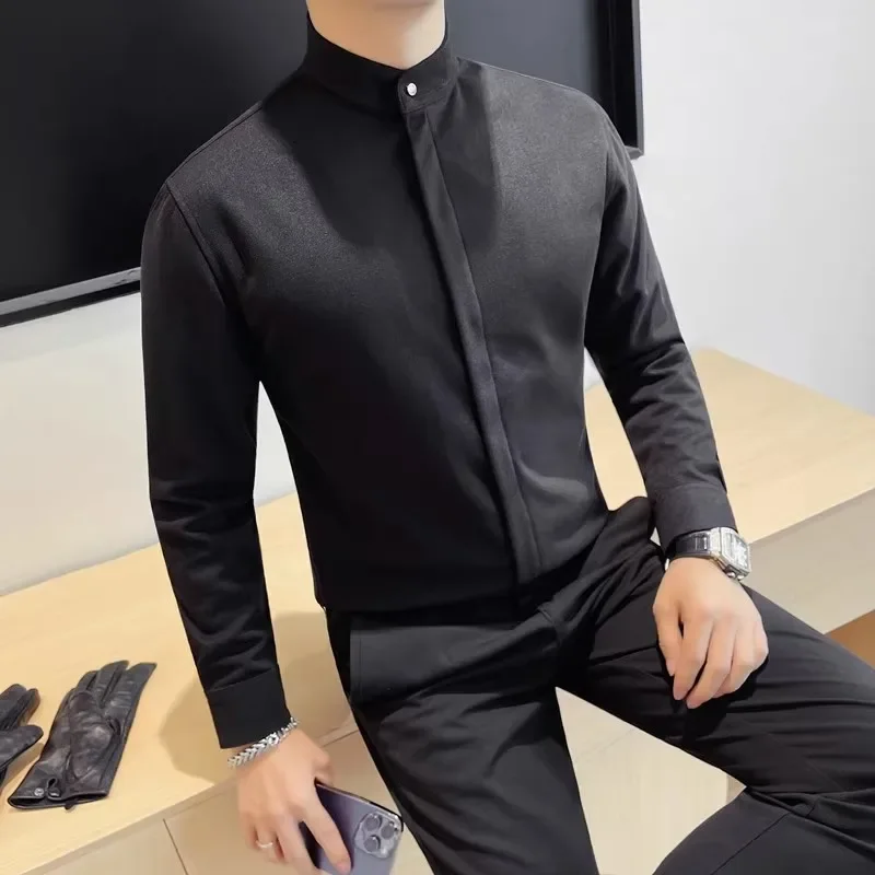 LIBIELIY High Quality Autumn Winter Woolen Long Sleeve Casual Shirts Men Solid Stand Collar Slim Fit Fashion Business Zipper Shi