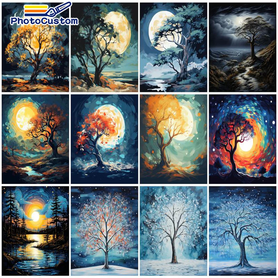 

PhotoCustom 65x50cm DIY Oil Painting By Numbers Tree Scenery Acrylic Paint Handpainted Picture By Numbers Home Decor Wall Art Gi