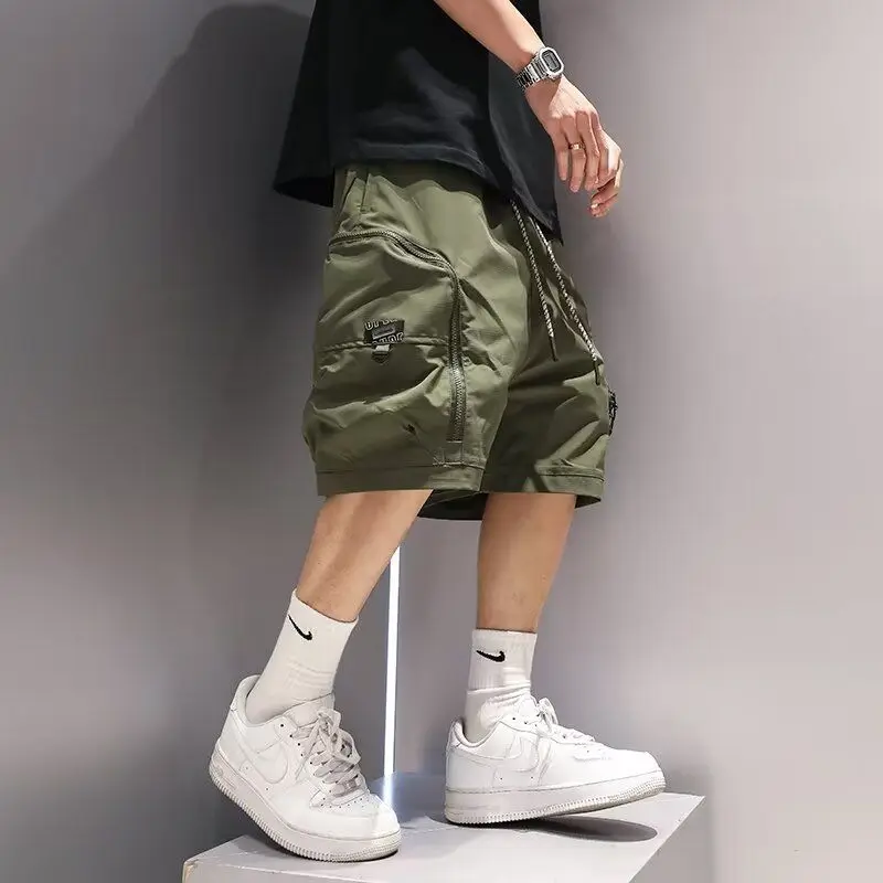 

Summer Man Cargo Shorts Quick Dry Loose Army Green Ice Silk Elastic Waist Casual Five-Point Pants Hip Hop Male Short Pant