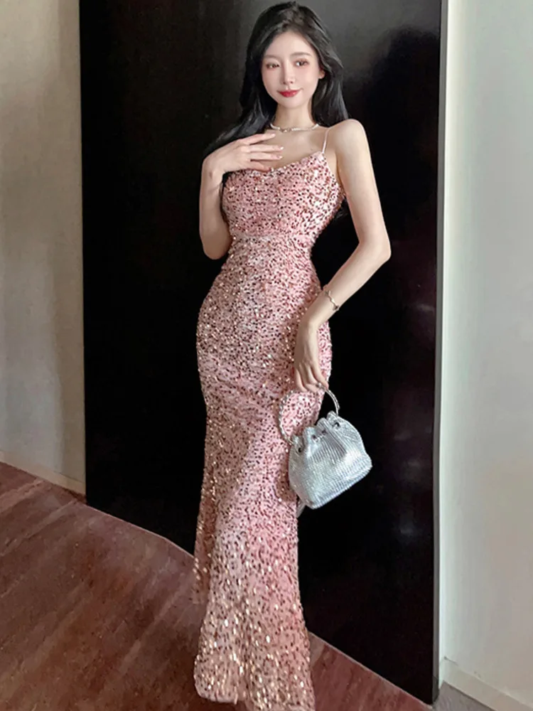 Elegant Pink Spaghetti Strap Sequin Sleeveless Open Back Long Dress 2023 Summer Party Dresses For Women