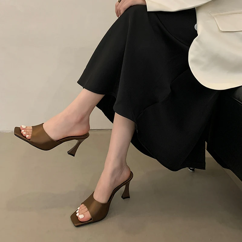 

New Trend Sexy Summer Slipper Women Fashion Square Toe Elegant Slip On Slides Thin High Heels Party Dress Casual Ladies Mules