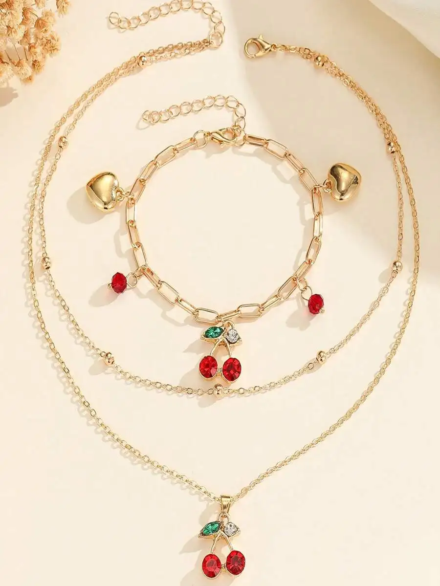 

Cherry Fruit Jewelry Set Necklace And Bracelet For Women Daily Wear Party Gift