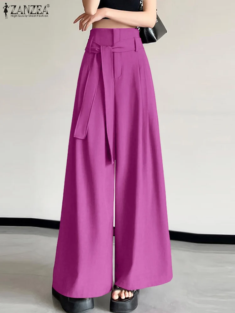ZANZEA 2025 Office Work Wide Leg Trouser Women Elegant Pants Fashion Casual Loose Long Bottoms Fashion Pockets Lace-Up Bottoms