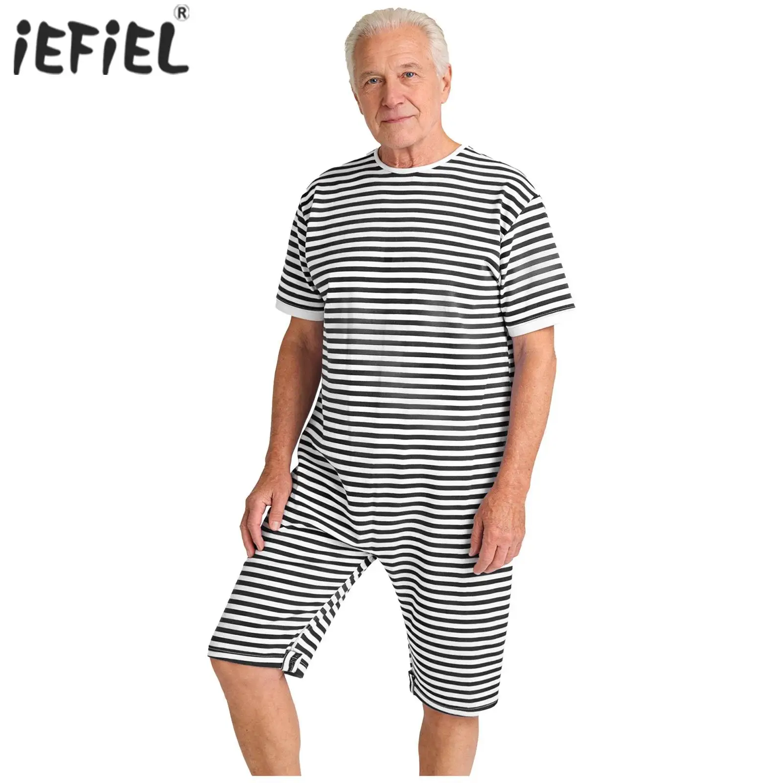 

Elderly Men Women Anti-Strip Adaptive Jumpsuit Special Needs Anti-strip Romper Jumpsuit Zipper Short Legs Striped Bodysuit