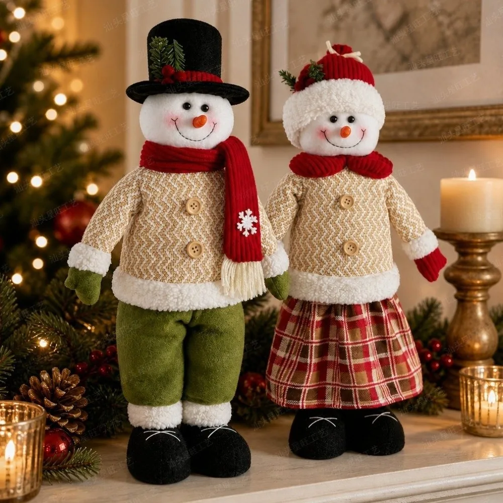 Soft Christmas Snowman Ornament Space-Saving Extendable Legs Xmas Plush Snowman Doll Cute Plush Snowman Figurines