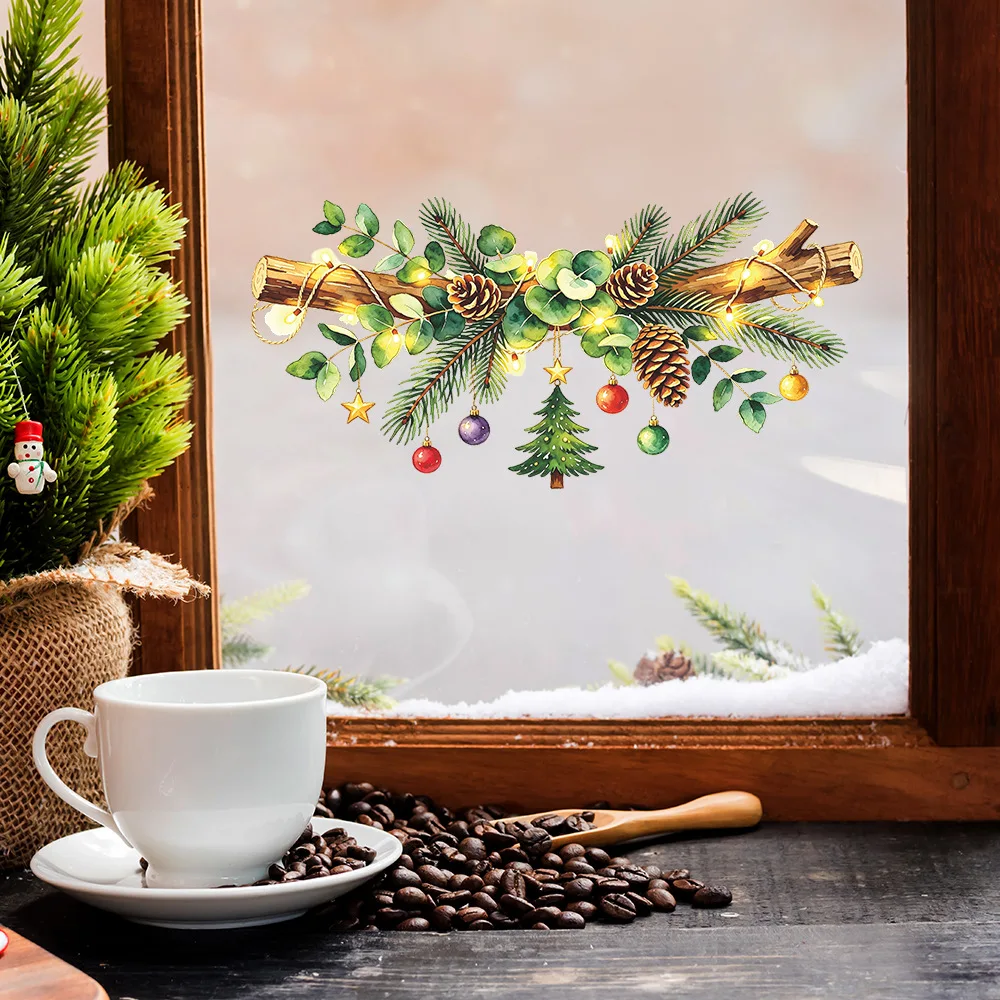 Self‑Adhesive Christmas Painted Pinecone Branch Window Decal, Festive Glass Sticker for Outdoor Balcony Window Home Decoration