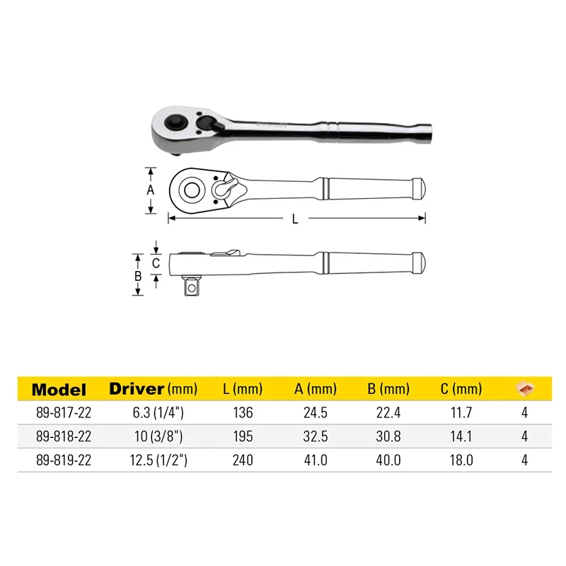 Stanley 89-817-22 Professional Steel Handle Ratchet Wrench for Mechanic 45/54-tooth Ratchet Head 1/4inch 3/8inch 1/2inch CR-V