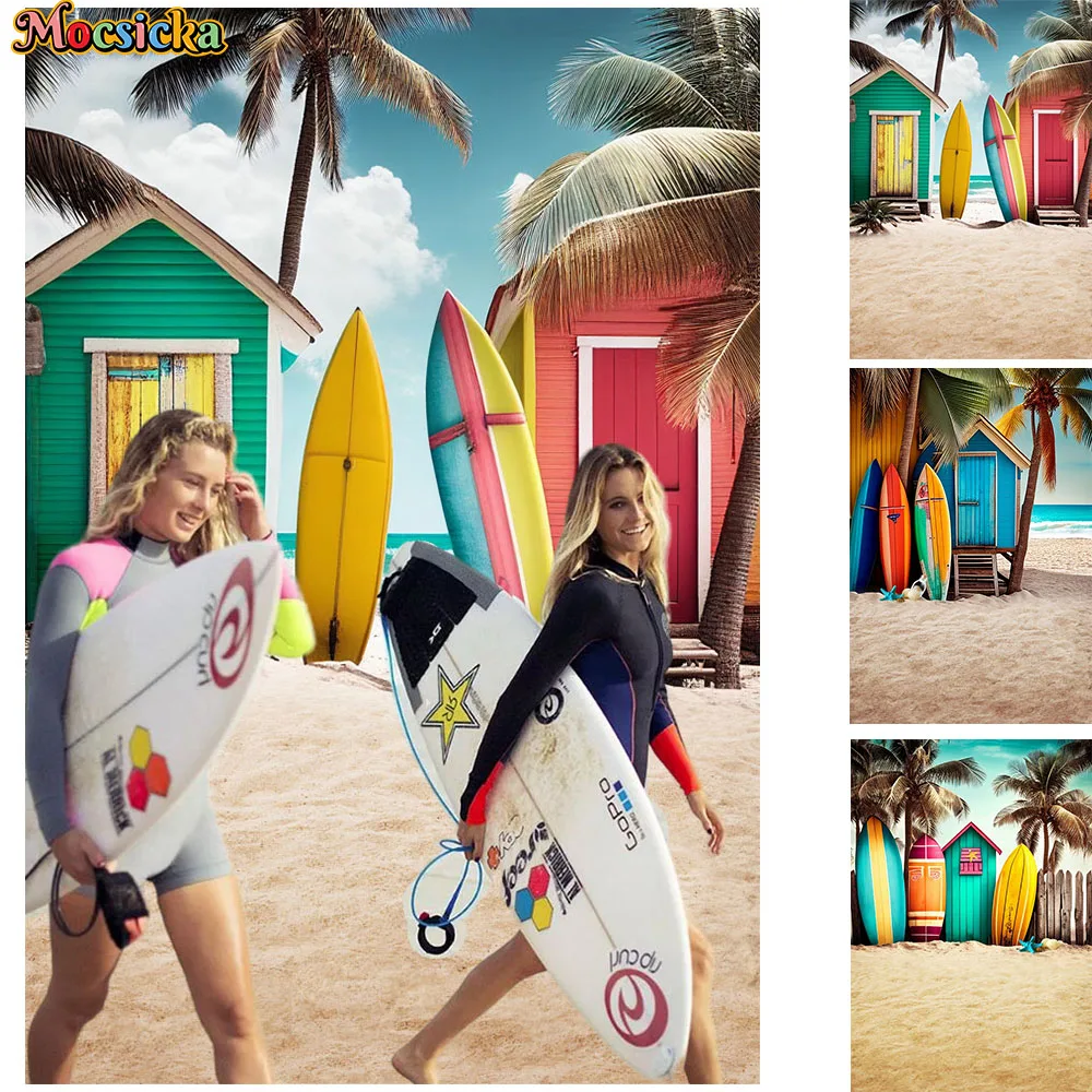 

Summer Hawaii Beach Surfing Background Studio Photography Surfboard Wood House Palm Backdrop Mopping Sand Prop Portrait Photos