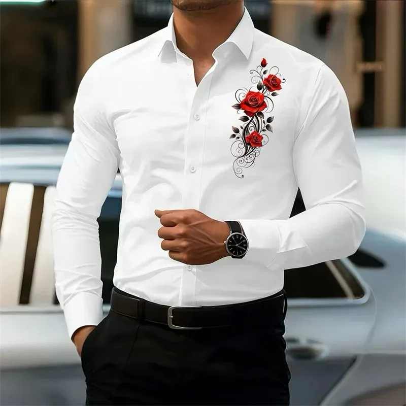 Men's long sleeved shirt, retro design, red rose print. Elegant business casual shirt, fashionable men's top.