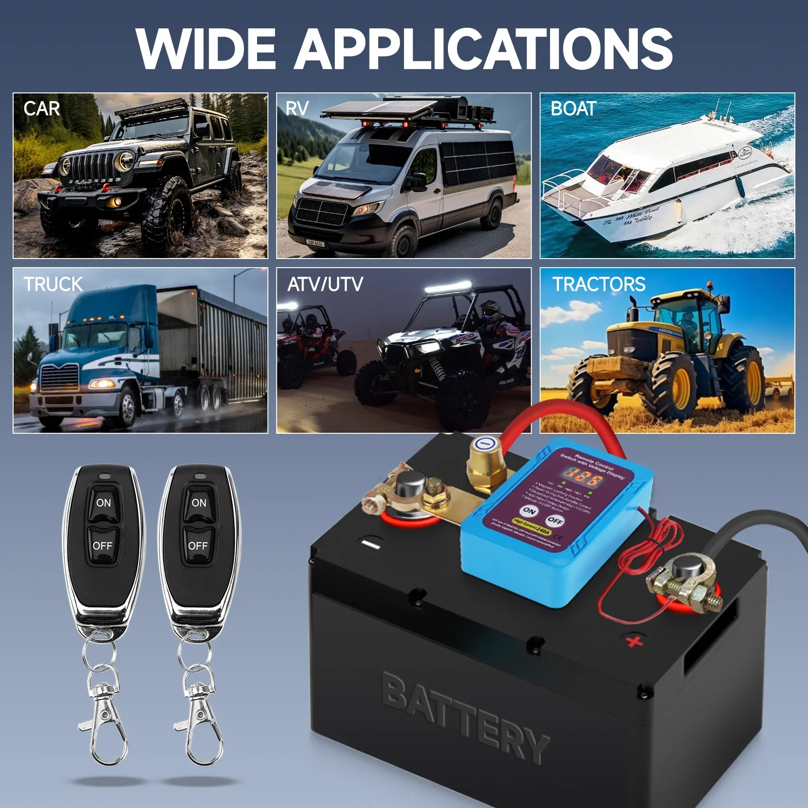 Interruptor de desconexión de batería con Control remoto, pantalla Led, ahorro de energía automático, antirrobo para coche, camión, barco, RV, Camper, 240A, 12V