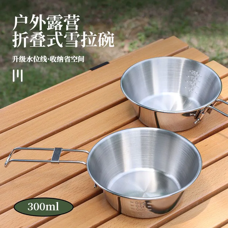 

Outdoor 304 Stainless Steel Folding Bowl Camping Kitchen Utensils Camping Foldable Handle Bowl