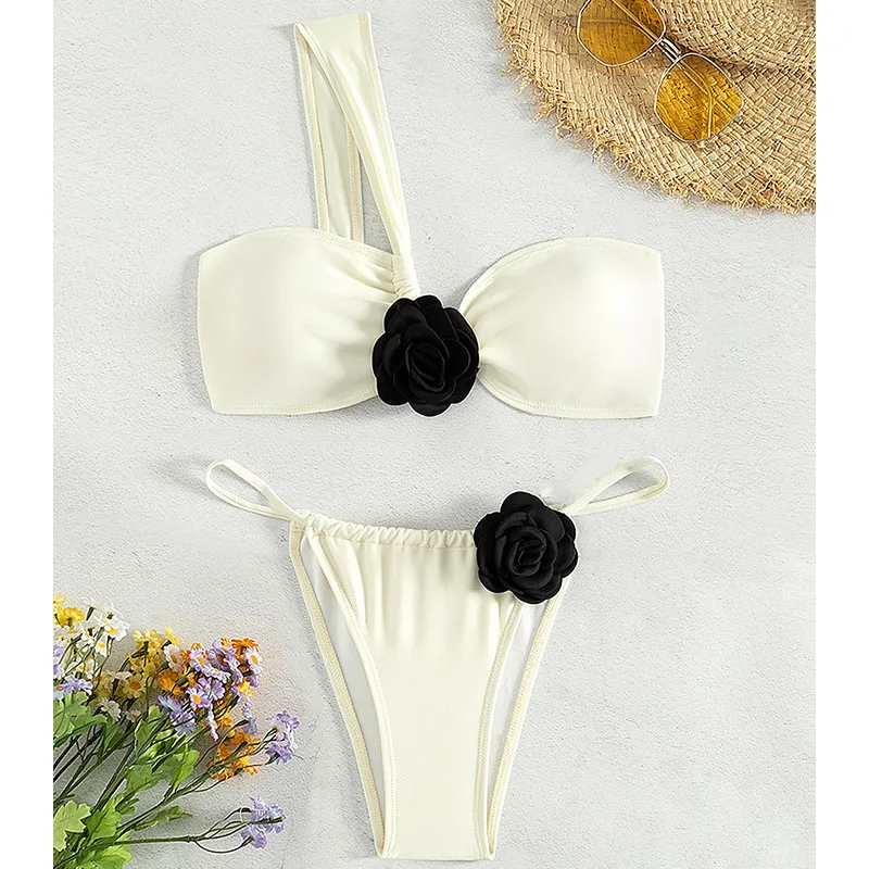 Deux pièces femmes 3D fleur une épaule Bikini ensemble femme taille basse maillot de bain fendu maillots de bain maillots de bain