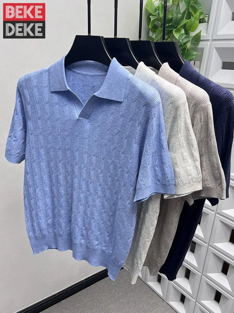

Summer Male Fashion Streetwear Comfortable Knit Pullover Turn Down Collar Casual T-Shirt Breathable Short Sleeve Mens Tees Tops