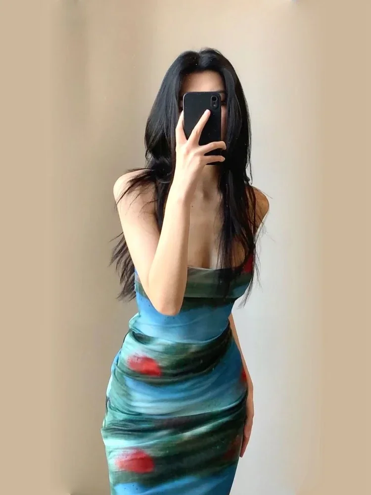 ノースリーブドレス女性スリム夏海辺休暇レトロキャミソールホットガールズセクシーなスリムフィットタイダイプリントデザイン韓国テンダー