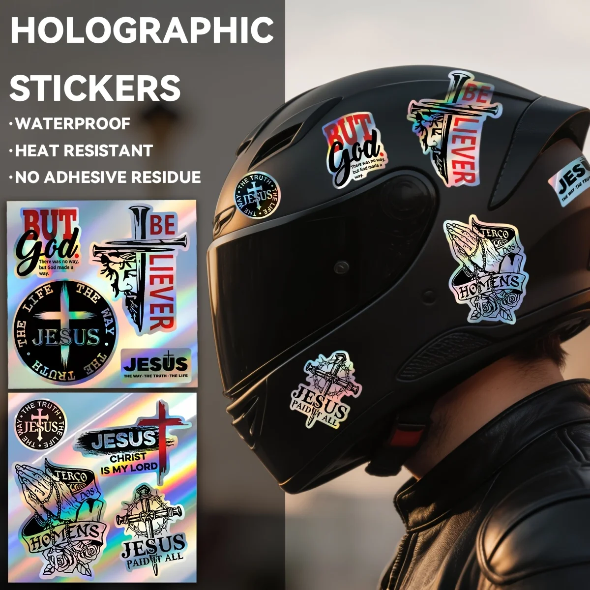 Holographic Jesus Cross Faith Vinyl Stickers, Waterproof Heat-Resistant 2D Decals for Phone, Laptop, Helmet & Car Window Decor