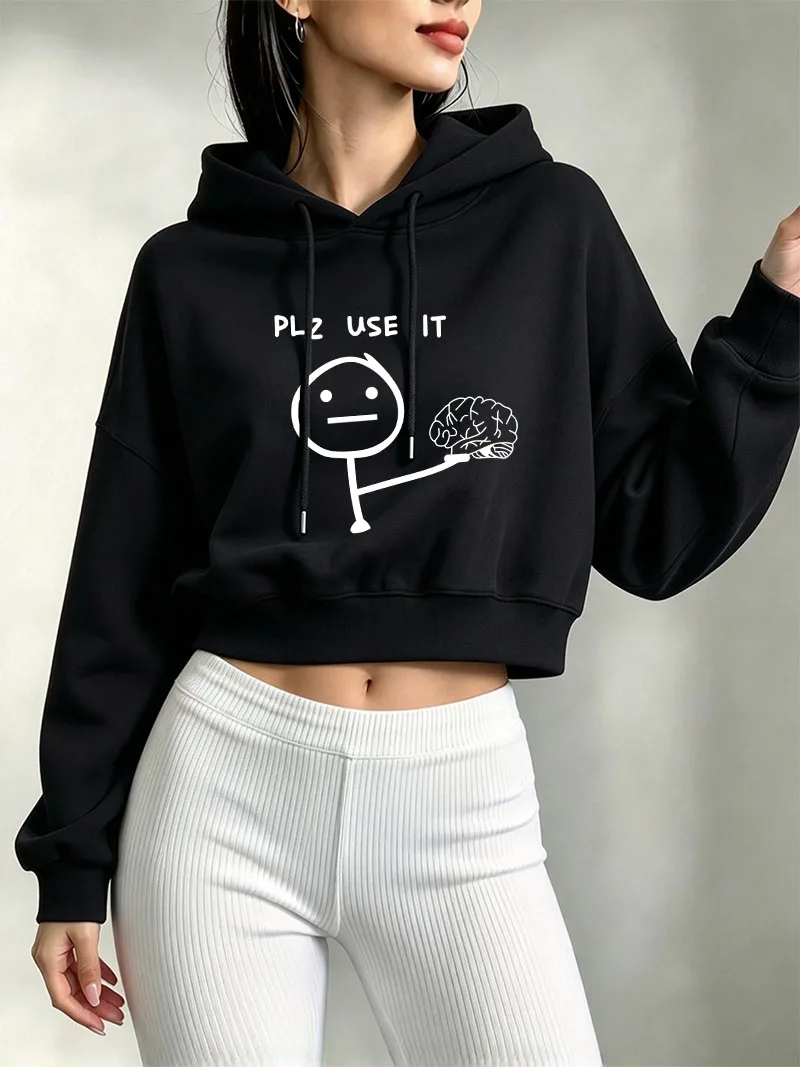 Trendy Cartoon Print Cropped Sweatshirt Women Crop Top Hoodie Y2k Sweatshirts Gothic Korean Style Clothes Pullover