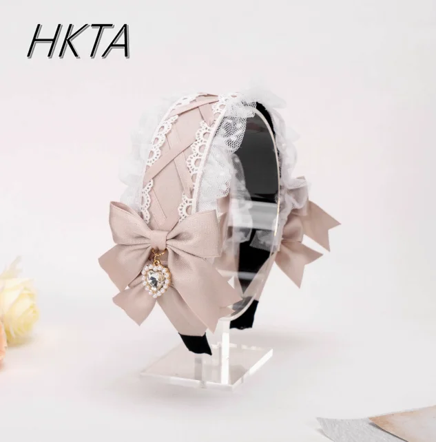 

Lolita Hairband Lace Bow New Headwear Sweet Heart Shape Rhinestone Pendant Headband Japanese Style Hair Accessories for Women