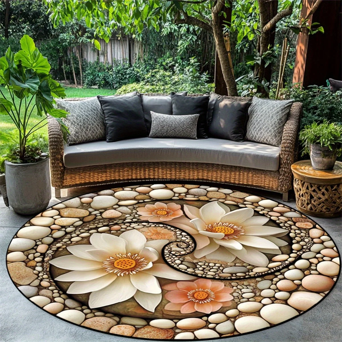 

круглый ковер с розовым и белым лотосом, бархатная ткань с кристаллами, идеально подходит для уличного патио, гостиной, украшения спальни