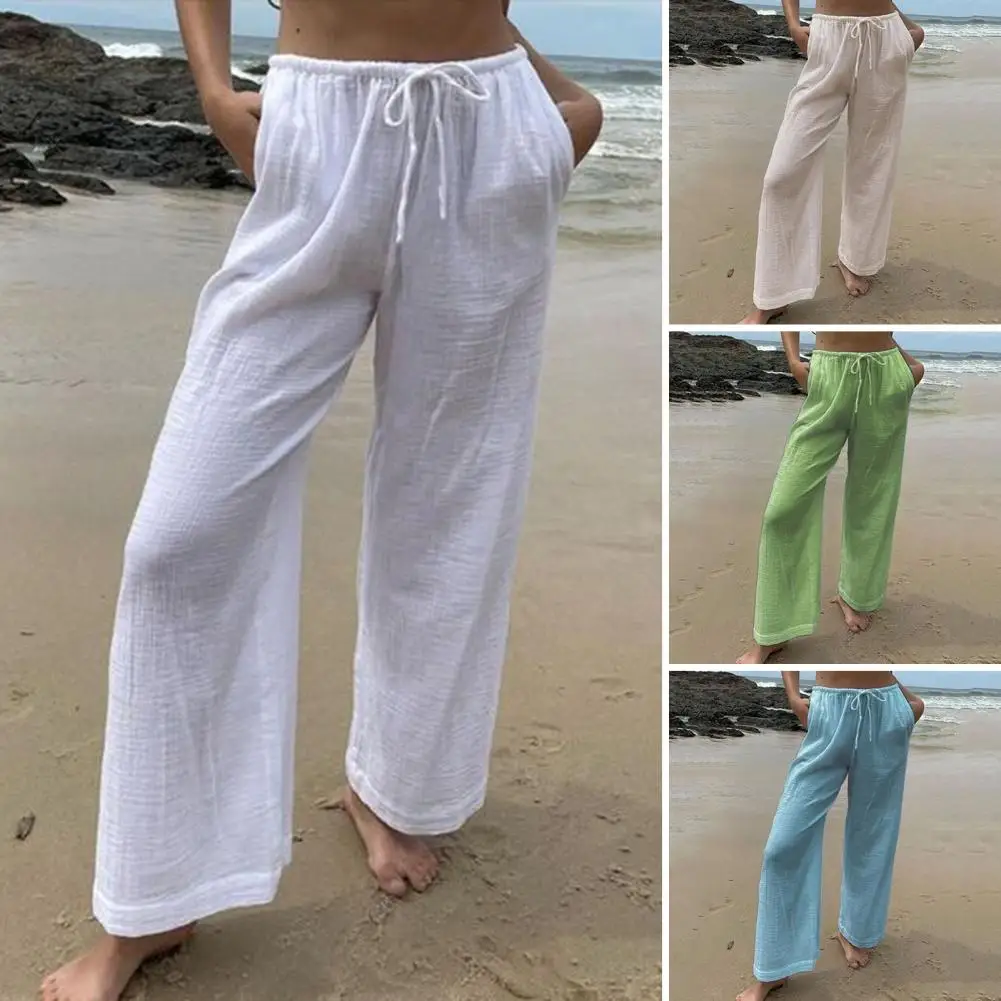 Solid Color Bottoms Elastic Waist Pants Stylish Women's Wide Leg Pants with Elastic Waist Pockets for Spring Summer for Ladies