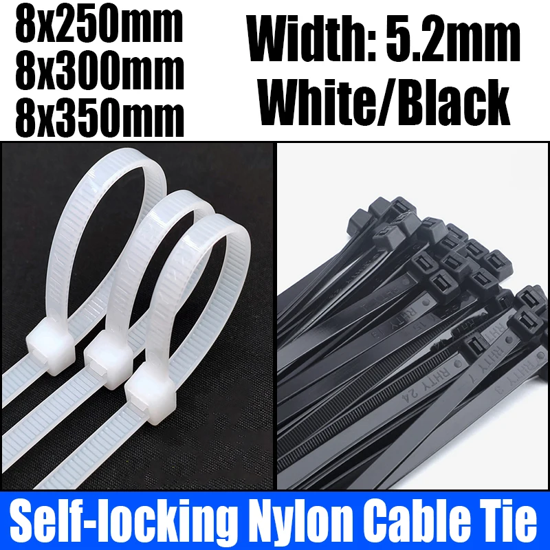 

250PCS White/Black Self-locking Plastic Nylon Cable Tie Zip Wrap Strap Nylon Cable Tie Cable/Wire Fastening Ring 8x250/300/350mm