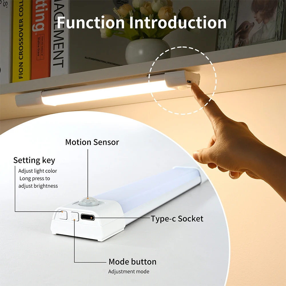 LED Light Bar Motion Sensor Lamp20cm 30cm 3Color Adjustable Led Light Cabinet Light Bar Type C Rechargeable Dimmable Night Mode