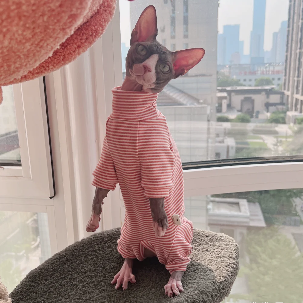 Cat Clothing Spring Striped 4-legged Cotton Coat for Sphynx Cat Winter Undershirt for Kittens Grey Warm Loungewear for Devon Rex