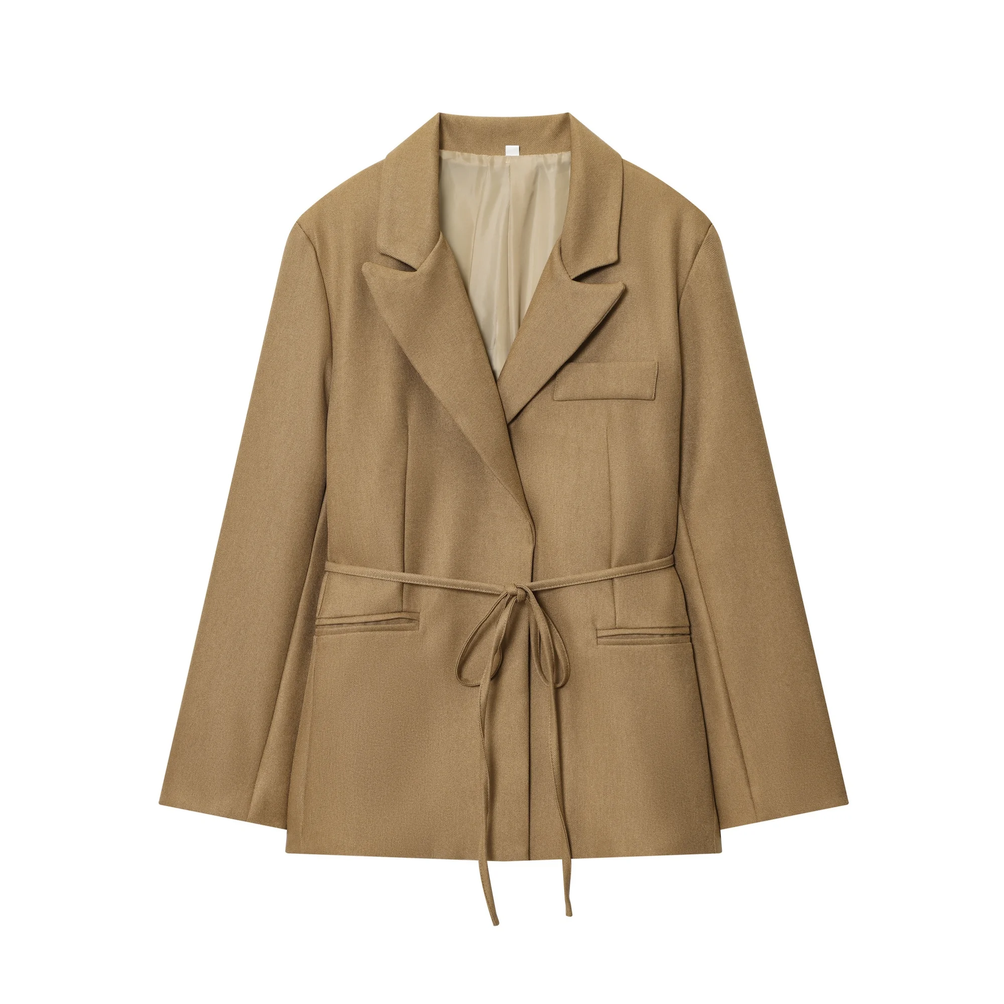 سترة نسائية بليزر سترة نسائية عصرية من الكتان المخلوط سترة كاجوال ضيقة مع حزام ضيق ملابس خارجية للخريف والشتاء