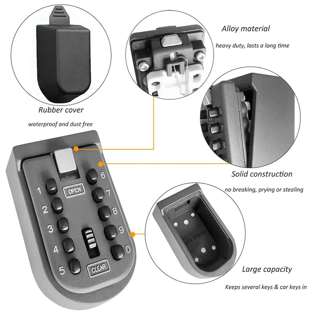 Key Lock Box Wall Mount Waterproof Spare Key Storage Box 10-digit Combination Lockbox Push Button Key Keeper Box for Home office