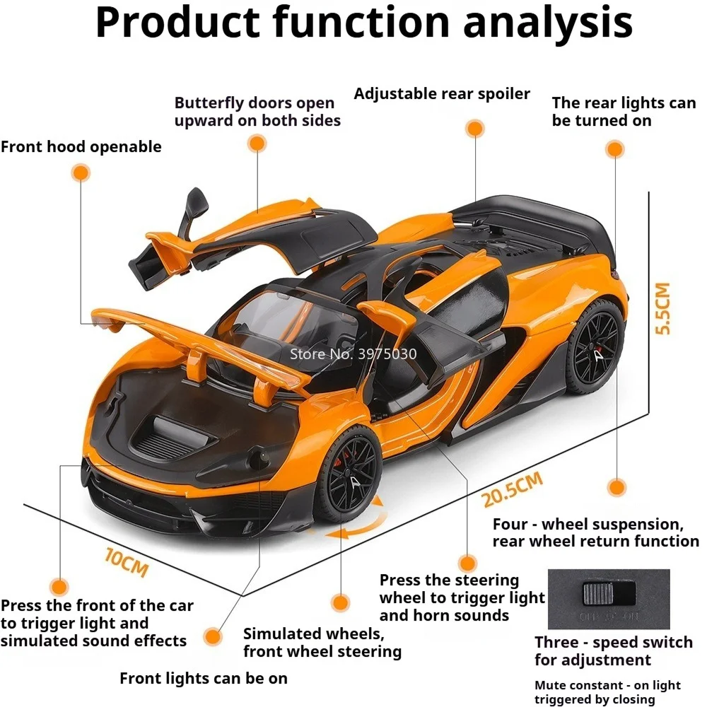 1:24 Scale McLaren W1 Car Model Toy Doors Opened Sound Light Models Shock Absoprtion Front Wheel Steer Vehicles for Enthusiasts