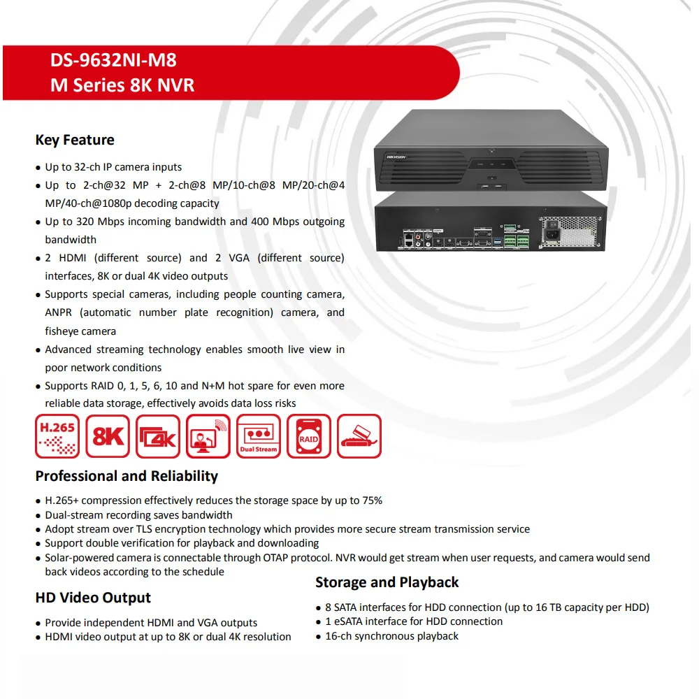 Hikvision 8K NVR 2U 8-SATA 2-HDMI 2-VGA 32-CH DS-9632NI-M8 64-CH DS-9664NI-M8 Supports RAID Network Video Recorder