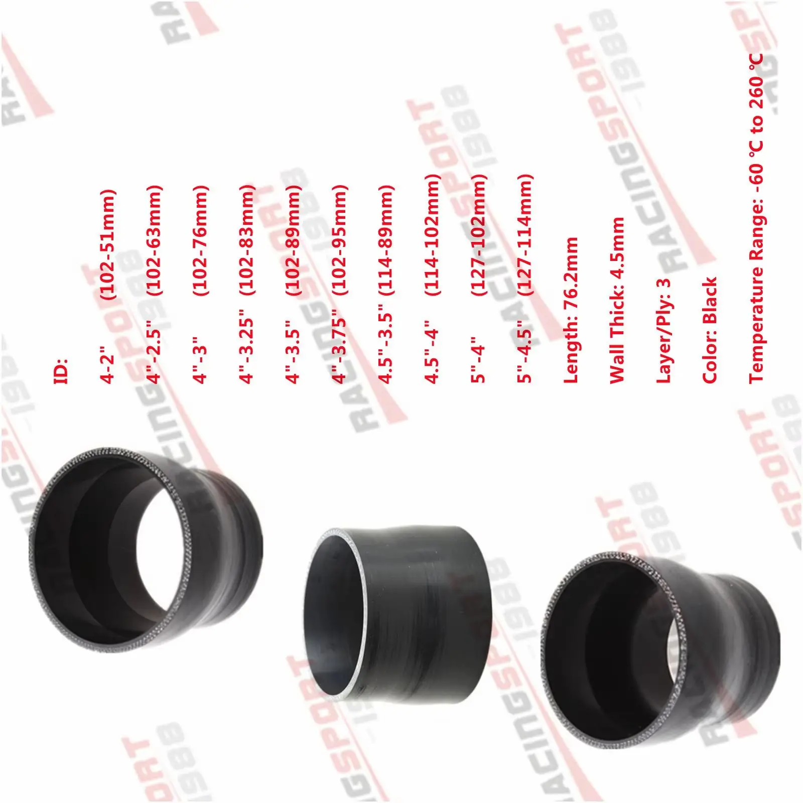 3/3.5/4/5'' to 2/2.25/2.5/3 Silicone Tubing Hose Reducer Intercooler Turbo Intake Pipe Coupler Hose Multiple Sizes Length 76.2mm