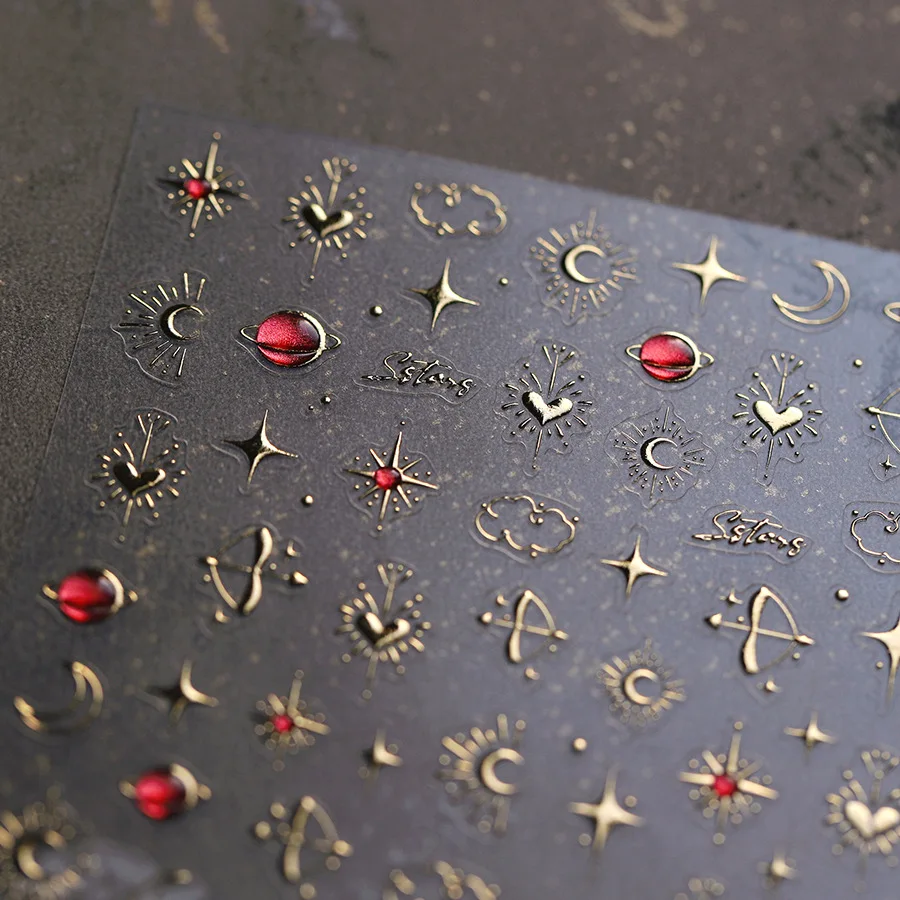

Nail Stickers Star Moon Metal Style Wine Red Light Luxury Heart Starburst Crystal Rhinestone Self Adhesive Waterproof Premium