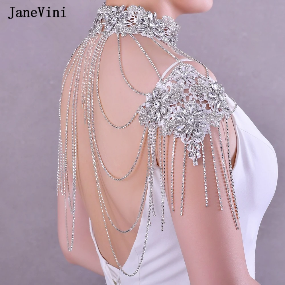 JaneVini Rhinestone Tassel Necklace Women's Crystal Necklaces Designer V-Neck Wedding Dress Shoulder Chain Bridal Accessories