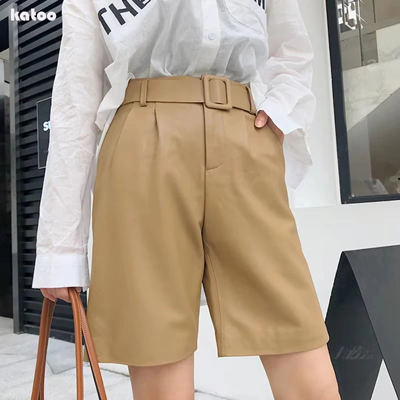 2026 Women Genuine Leather Pants Europe/America Midi Long Thin Loose Suit Trousers Has Belt Above Knee Khaki Bermuda Short Mujer