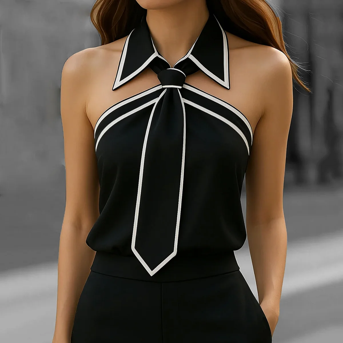 Women's Tank Tops Tie Neck Strap Necktie Lapel Design Casual Sleeveless Blouses Blusas Mujer Moda Contrast Binding Blouse Vest