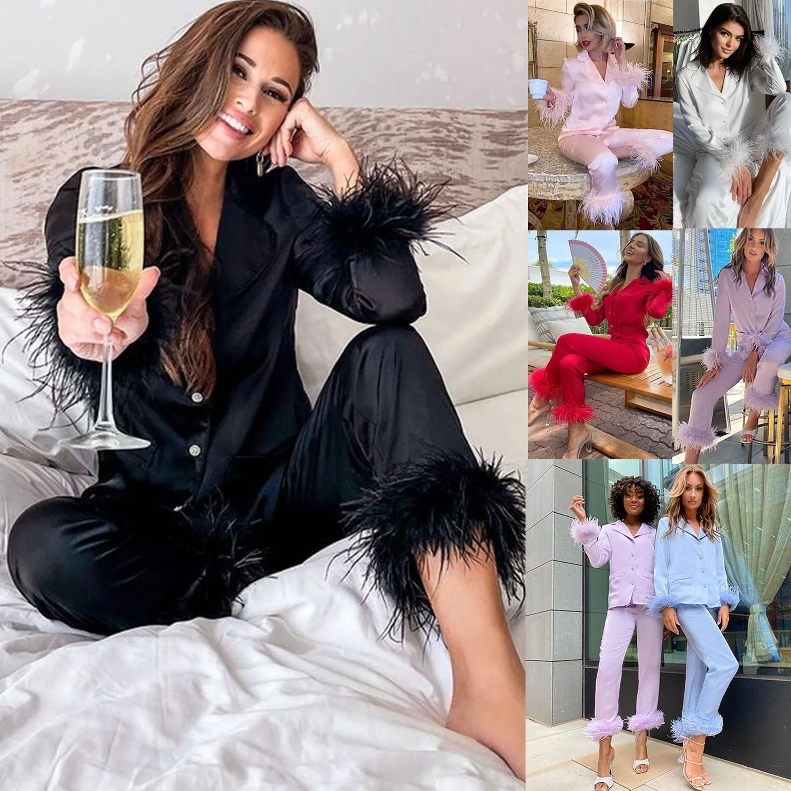 Ensemble de pyjamas en satin pour femmes, vêtements de nuit en plumes, col rabattu, manches longues, deux pièces trempées, vêtements décontractés